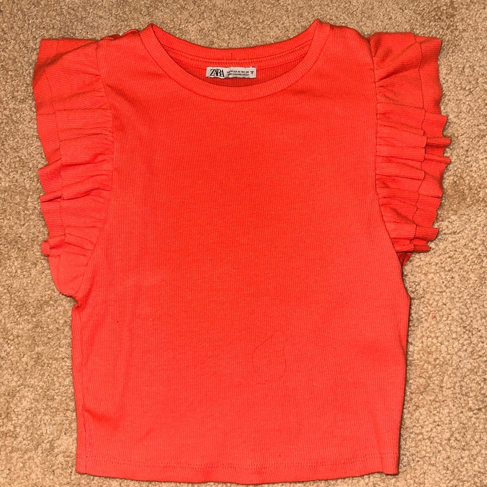 Zara Shirt Womens Medium Coral Ruffle Sleeve Ribbed Top Sleek Trendy Fitted Chic